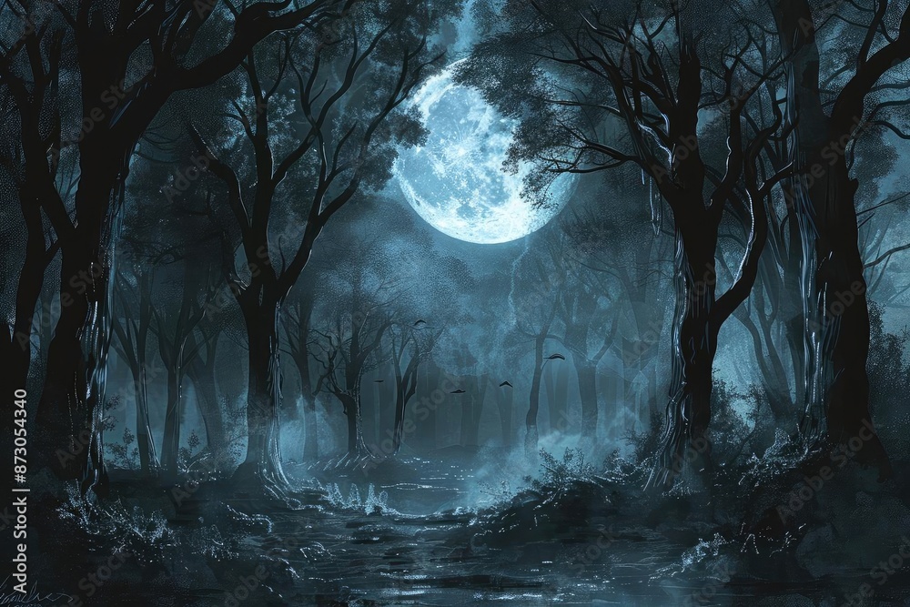Poster eerie full moon illuminating a dark, misty forest with towering trees and silhouettes creating a spo
