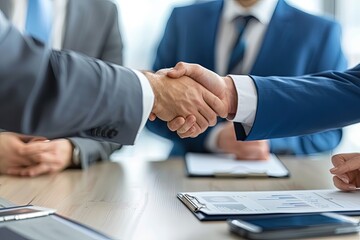Obraz premium Close up of business people negotiating a contract and shaking hands in agreement during a meeting