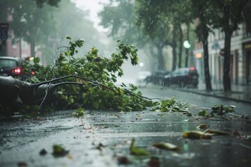 Fototapeta premium In the midst of bad weather, a powerful storm uprooted trees, causing one to crash onto a busy city street amid heavy rain