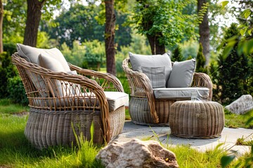 Fototapeta premium Two wicker chairs and a matching wicker table sit on a patio surrounded by lush green grass and trees, enjoying a summer day. Generative AI