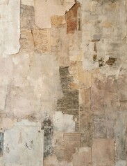 An unprimed canvas with pieces of script and collaged aged papers painted in muted light beige and ivory colors. Delicate minimalistic watercolors and thin black line sketches