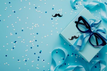 Concept for father's day. Gift tie glasses mustache big hearts on a blue background.