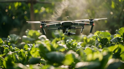Photo drone spraying fertilizer on vegetable green plants agriculture technology farm automation