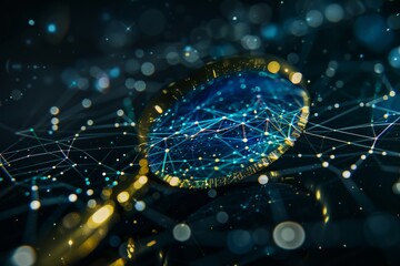 3D rendering of a magnifying glass with a digital network background.