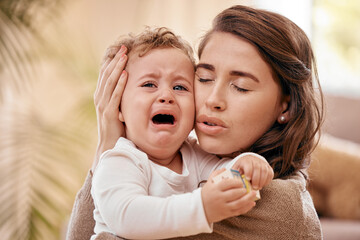 Woman, baby and discomfort in crying for hunger, teething pain or fatigue for rest, colic or wet diaper. Child, mom and soothing for parenting, childcare or support for overstimulated infant at home