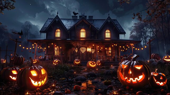 Spooky Halloween night with glowing jack-o'-lanterns and a haunted house decorated for the festive season.