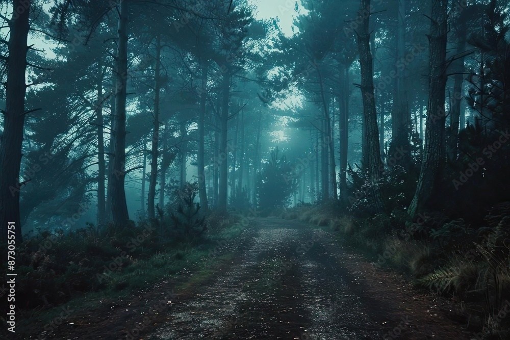 Poster A misty forest path surrounded by tall trees, creating a serene and mysterious atmosphere during twilight hour.