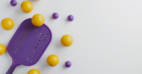 Playing pickleball plastic balls on a transparent background with a paddle racket. Close-up 3D rendering.