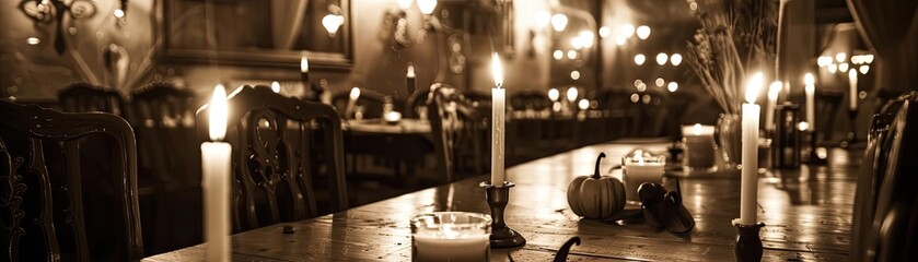 Cozy candlelit dining table setting in a warmly lit vintage room, creating a romantic and nostalgic atmosphere for an intimate evening.