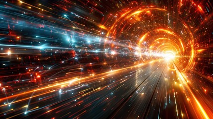 Fototapeta premium Abstract image of a glowing tunnel with vibrant light streaks, representing speed and futuristic technology. Ideal for sci-fi and technology themes.