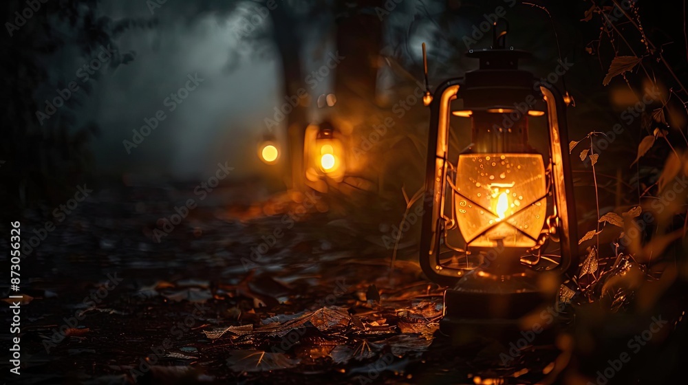 Poster Glowing lanterns light up a misty forest path, casting warm illumination and creating a mysterious, enchanting twilight atmosphere.