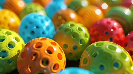 Obraz premium Three-dimensional rendering of a lot of Pickleball multicolored sports balls.