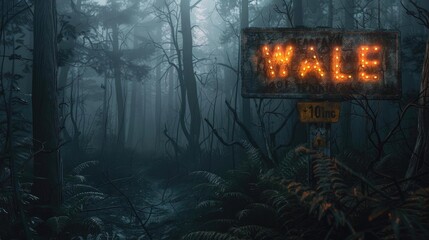 Obraz premium Eerie, foggy forest scene with an illuminated sign reading 'VALE.' The atmosphere is mysterious and dark, perfect for horror or fantasy themes.