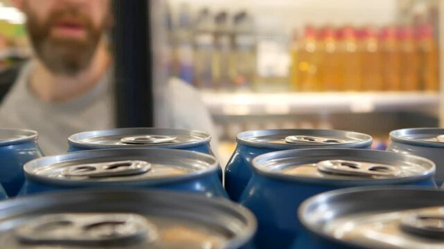 Close-up of many aluminum cans of beer in a store fridge and a male buyer chooses a few