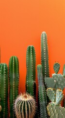 A close up of various cacti against an orange wall, dark green and light brown, naturalistic poses, bold yet graceful, natural materials, exotic atmosphere