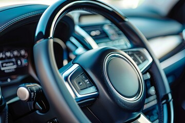 Elegant leather car steering wheel with silver switches close-up