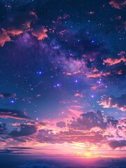Naklejka premium A vibrant sunset with a starry sky merging into a pink and purple cloud-covered horizon.