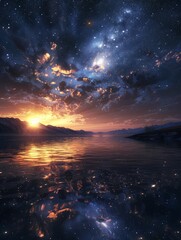 Fototapeta premium Twilight sky with stars over a serene lake, mountains in the distance, and a vibrant sunset on the horizon.