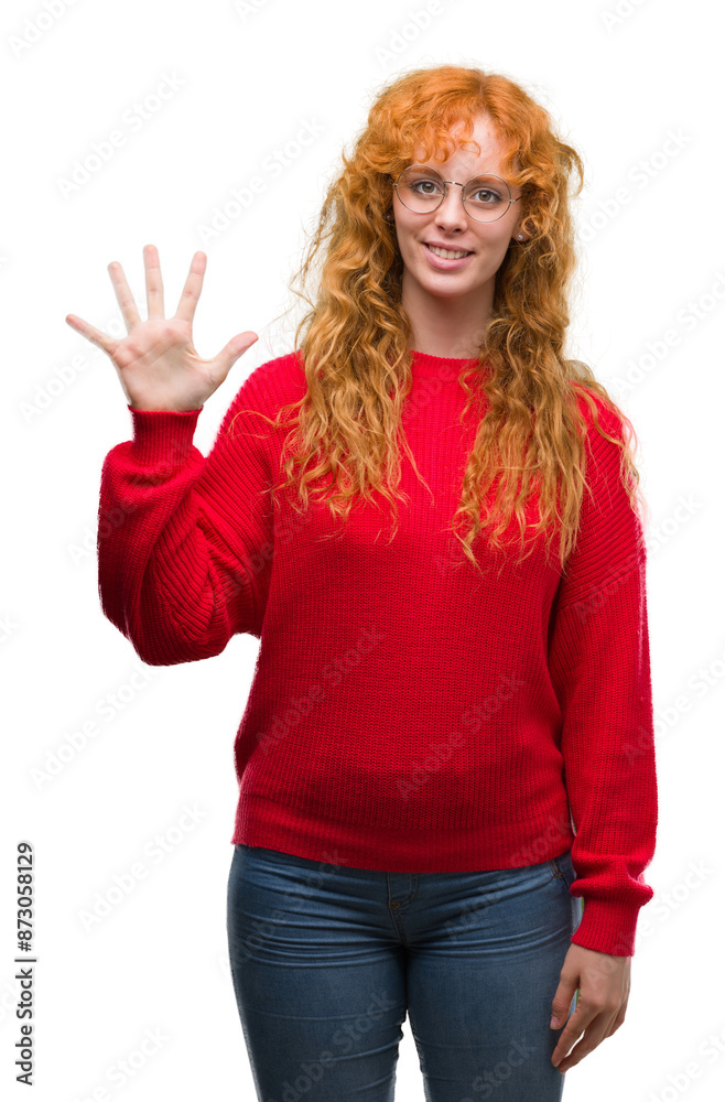 Sticker young redhead woman wearing red sweater showing and pointing up with fingers number five while smili