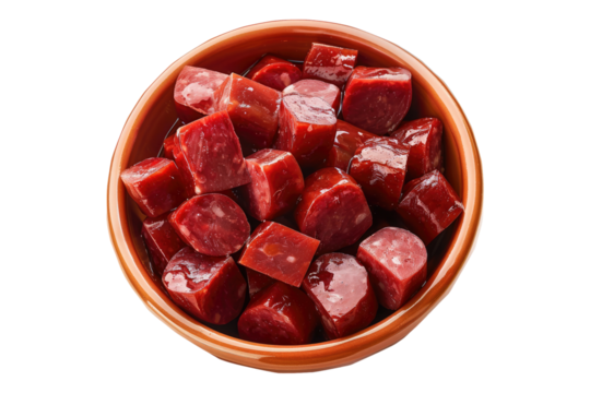 Boiled sausage in bowl isolated on transparent background