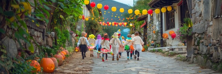 Fototapeta premium Children in costumes walking down decorated village street for Halloween celebration. Halloween background.