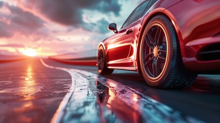 Red Sports Car on a Race Track at Sunset