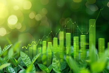Green bar charts fluctuating for positive eco-investing in the stock market or green investment banking