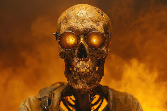 A haunting image of a skeletal figure with glowing eyes against a fiery background, creating a chilling and apocalyptic atmosphere.