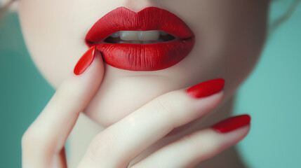 Naklejka premium Close-up of a woman’s lips with vibrant red lipstick, softly lit against a pastel background. Her fingers gently touch her cheek, showcasing perfectly manicured nails in matching red.
