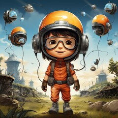 Obraz premium Cute child explorer in futuristic outfit, surrounded by flying robots in a sci-fi landscape. Adventure and imagination concept.