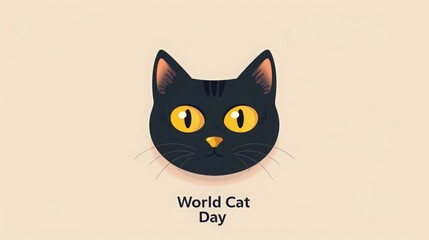 World Cat Day flat vector illustration isolated on a pastel background, web banner design template for a website and mobile phone. cute black cartoon fat-faced kitten character