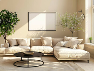 Chic living room featuring a beige sectional sofa and indoor plant. Natural light creates a warm and inviting ambiance with soft shadows. Perfect for elegant home decor.