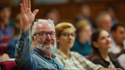 Obraz premium Engaged Student Raising Hand to Ask Question in Lecture with Professor in Background