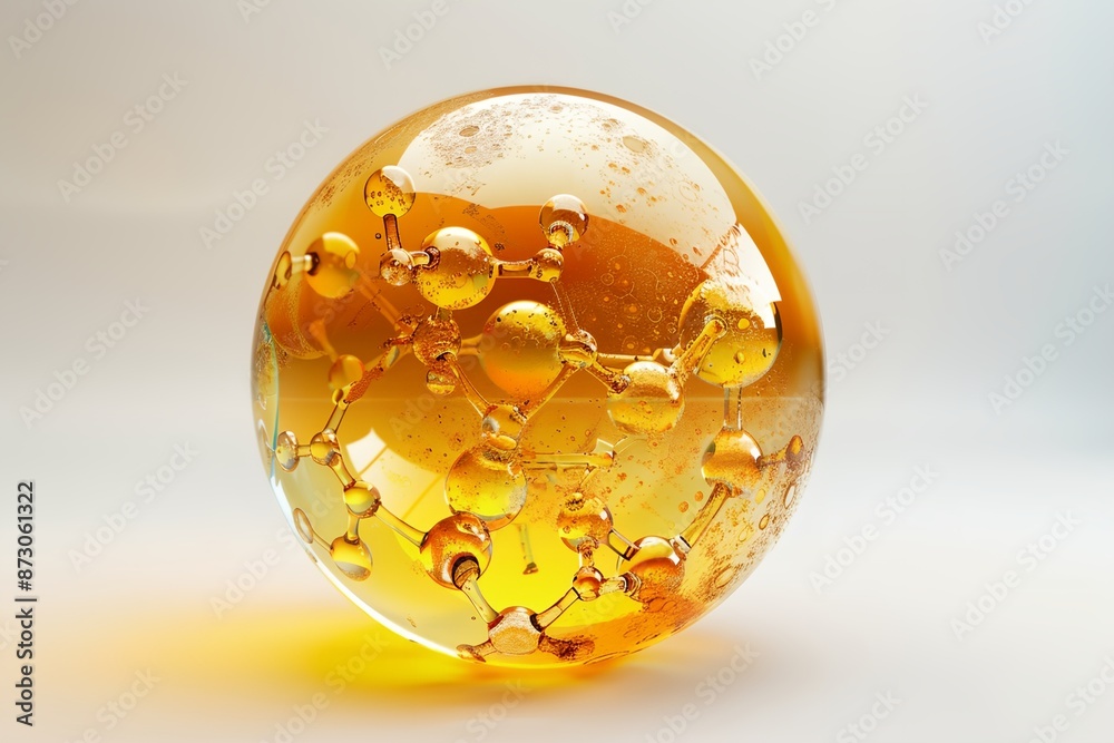 Poster a yellow ball with many small spheres inside of it. the spheres are connected to each other in a way