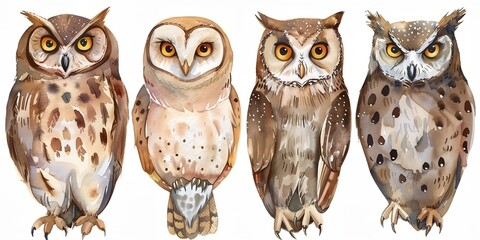 Fototapeta premium Owls are shown in a row, each with a different color, watercolor illustration on white background