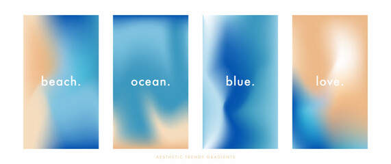 Abstract seaside, beach aerial stories set. Ocean landscape top view. Sea waves. Pastel colored vertical vector banner. Blurred sea gradient background. Simple soft light backdrop for social post