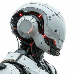 Part of one separated AI robot head 3D rendering with digital graphic brain engine inside isolated on white background with clipping path. Made with generative ai