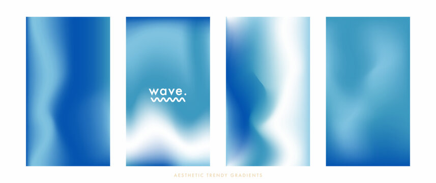 Blue sea stories set. Ocean and waves pastel colored vertical vector banner. Blurred sea gradient background. Simple soft light backdrop. Gradient stories design template for poster, social post