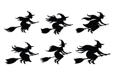 Halloween Witch on broomstick vector illustration, Witch Riding A Broom silhouette, broomstick vector art