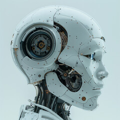 Fototapeta premium Part of one separated AI robot head 3D rendering with digital graphic brain engine inside isolated on white background with clipping path. Made with generative ai