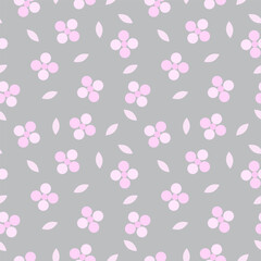 Pink flowers and leaves on gray seamless pattern vector illustration