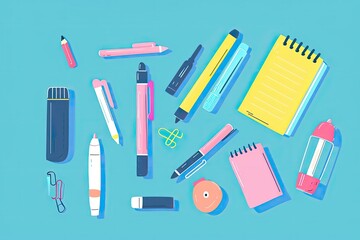 Colorful stationary items including pens, notebooks, and clips on a light blue background, perfect for school or office supplies imagery.