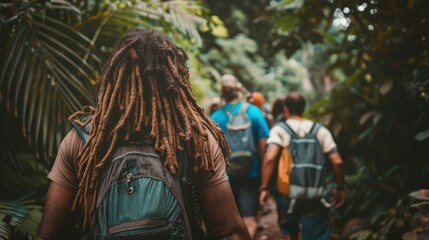 People hiking through a lush green jungle with a focus on a man with dreadlocks