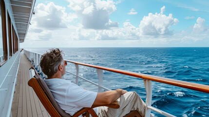 Man relaxing on an outdoor deck of a cruise ship looking at view of the sea on a luxury travel to cross the ocean