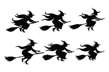 Halloween Witch on broomstick vector illustration, Witch Riding A Broom silhouette, broomstick vector art