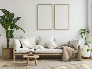 A design sofa, tropical plant, pillows, blanket, gramophone,mockup picture frames are all featured in this stylish Scandinavian white room Modern living area with white walls and brown oak parque