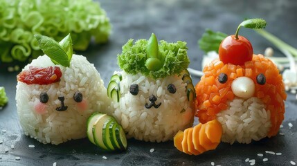 Playful animal-themed rice balls with intricate vegetable decorations, offering a creative and nutritious bento lunch that will captivate and nourish children.