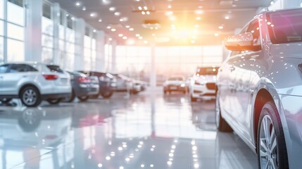 Fototapeta premium New car dealership with shiny vehicles, excited customers, sunny day, watercolor, realistic