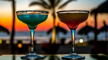 Two colorful cocktails in martini glasses, against the backdrop of sunset at an outdoor bar on the beach