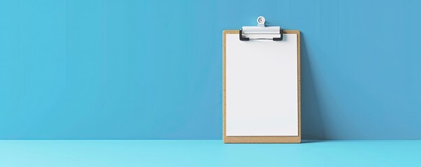 Minimalistic clipboard with blank paper against a blue background, ideal for office, school, or healthcare-related content.